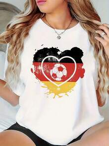 Women's Casual T-Shirt Of The German Football Team With Heart Print - Fan Clothing, Short Sleeve T-Shirt With Round Neck, Design With National Emblem, Machine Washable, Suitable For All Seasons. - 白色 - 查看 1