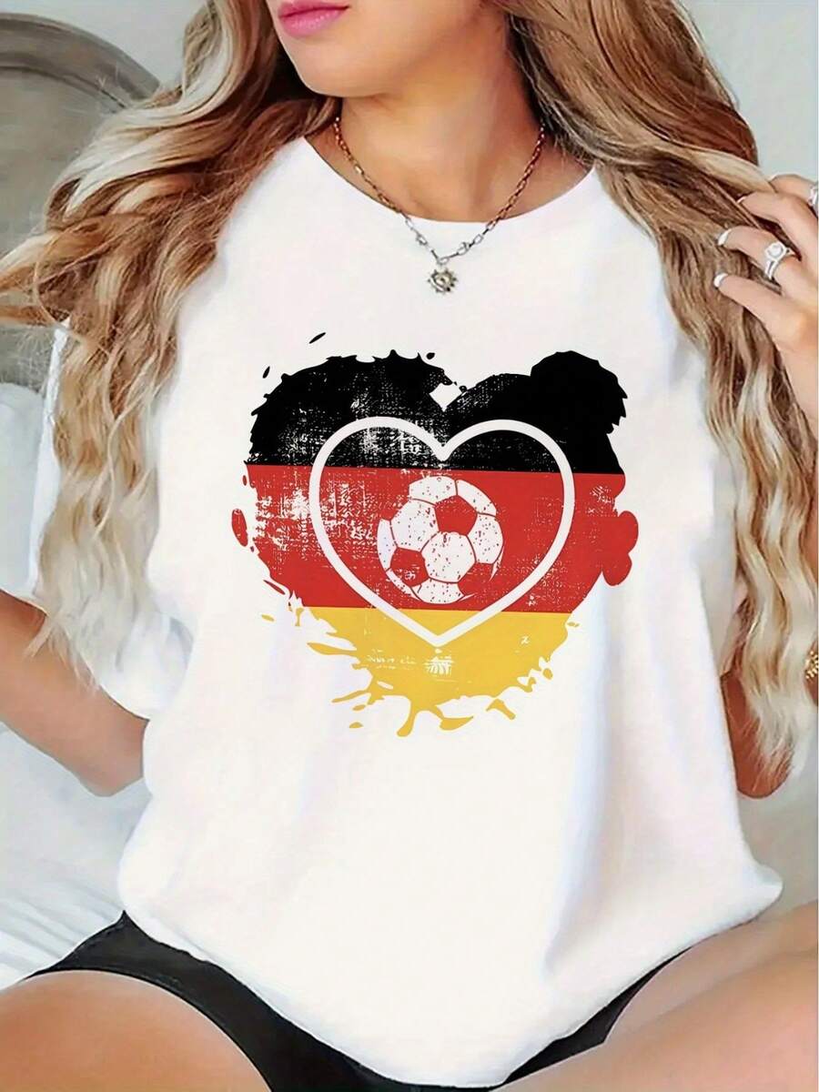 Women's Casual T-Shirt Of The German Football Team With Heart Print - Fan Clothing, Short Sleeve T-Shirt With Round Neck, Design With National Emblem, Machine Washable, Suitable For All Seasons. - 白色 - 查看 1