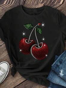Women's Dark Gray Cherry Print T-Shirt - Elegant Casual Elastic Short Sleeve Top, Machine Washable Blouse For All Seasons (Spring, Summer And Autumn), Women's Round Neck Regular Fit T-Shirts, Cherry Themed Women's Clothing[COD] - 黑色 - 查看 6