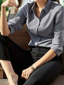 Camisa de manga larga de unicolor elegante para mujer - Blusa de cuello clásico no transparente, tela premium para primavera, verano, otoño, versátil para uso casual y profesional, lavable a máquina/limpieza en seco, diseño estilizado, textura refinada Blanco - Gris - Ver 3