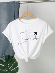 Women's Casual T-Shirt With Heart And Airplane Print - Short Sleeve, Round Neck, Polyester Blend, Ideal For Spring And Summer Fashion, Travel Themed Clothing, Casual T-Shirt With Round Neck Print, White, 100% Cotton - 白色 - 查看 6