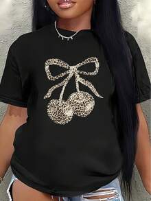 Camiseta de manga corta de poliéster, con estampado de leopardo y diseño de lazo de cereza, ligera y duradera, adecuada para uso casual en casa o en restaurantes, cómoda y ajustada para el uso diario.blusas para mujer>ropa - Negro - Ver 7