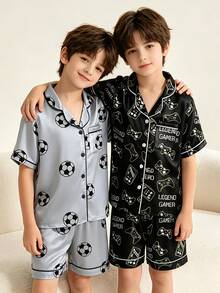4pcs Tween Boy Video Game & Soccer Print Short Sleeve Shorts Pajama Set - Multicolor - View 4