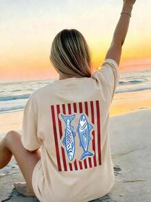 Camiseta de verano retro para mujer con estampado de peces, de cuello redondo y manga corta, estilo casual para playa y vacaciones - Estilo vintage urbano unisex, holgada, de algodón, de manga corta y cuello redondo, blusas para mujer. blusas.blusas casuales para dama. - Albaricoque - Ver 7
