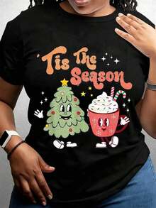 Women's Casual T-Shirt With Christmas Tree And Hot Chocolate Mug Print, Casual Style, For Christmas Parties, Winter Clothes, Gift Idea - 黑色 - 查看 6