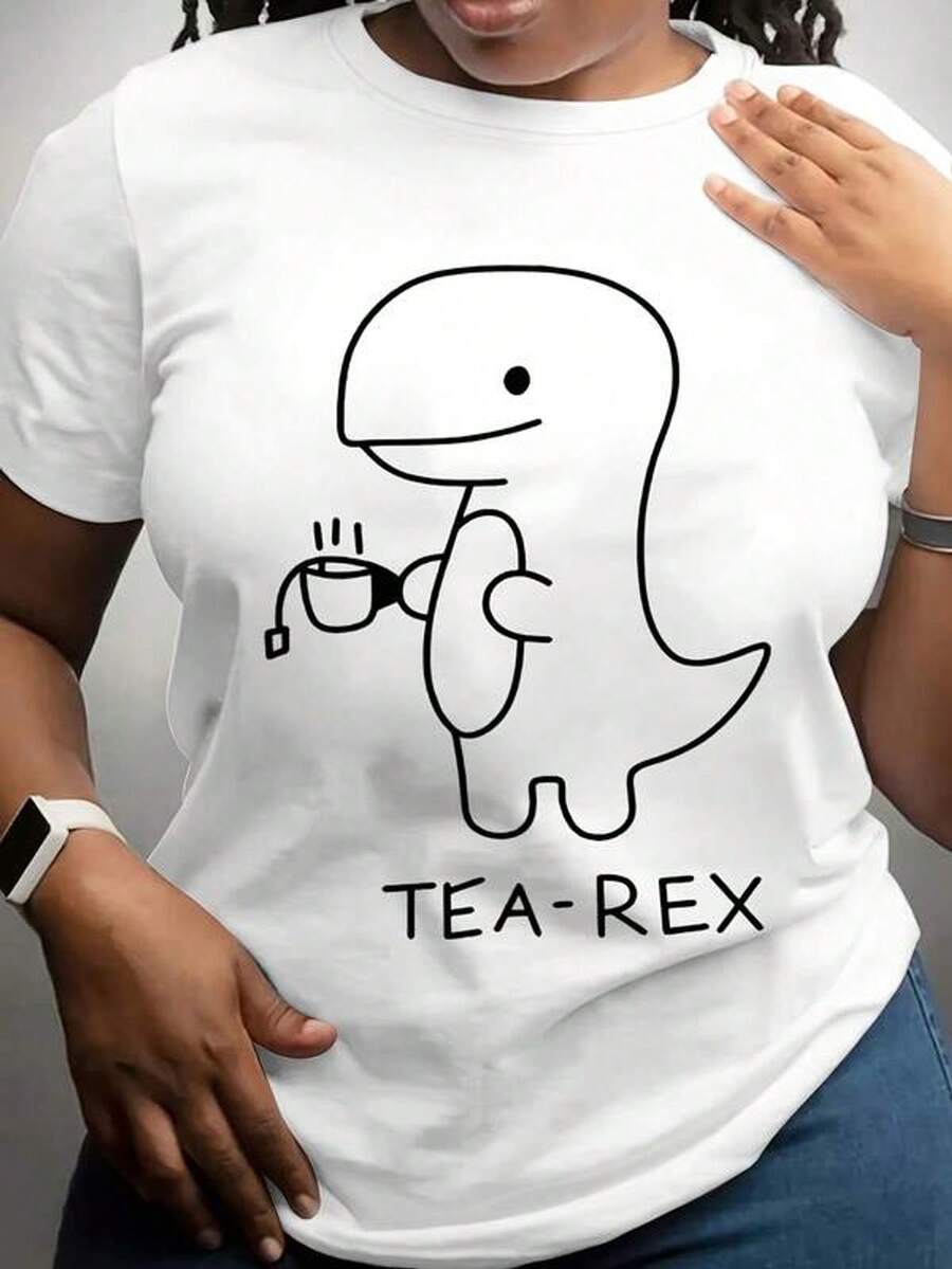 Camiseta de manga corta con cuello redondo y estampado para mujer Té Rex Dinosaurio Sosteniendo Taza S-3XL moda, cómodo y transpirable unio lavable a máquina
