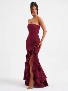 Sleeveless Knit Maxi Dress With Ruffles, Elegant And Sensual Bustier Spring Summer Fashion - Burgundy - View 3