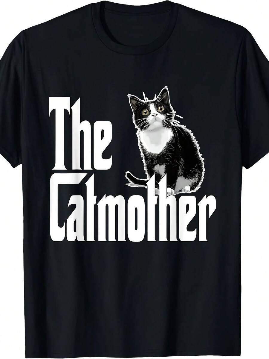 Camiseta Gráfica Divertida de Mamá Gato - Camiseta Casual para Hombre en Blanco y Negro, Manga Corta, Cuello Redondo, Lavable a Máquina, Diseño Geométrico, Ideal para Uso Diario - Negro - Ver 1