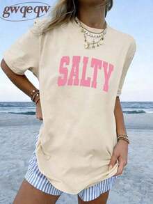 Women's Graphic T-Shirt "If You're Grumpy, Please Go Back To The Beach" With Salty Print, 100% Cotton, Double-Sided Print, Casual Summer Style, Plus Size | Summer Clothes | Vacation Clothes - Women's World Cup Print T-Shirt, 100% Cotton, Short Sleeve, Crew Neck, Casual Style - 杏色 - 查看 2