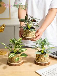 1/3pcs Artificial Rattan Small Potted Plants, Hanging Bamboo Planter, Nettle Grass, Seaweed Rope, Green, PE & Polyester Material, Desktop Decor, Suitable For School Dorm, Office, Party, Holiday, Home Entrance, Hotel, Bedroom, Kitchen, Garden Decoration - Multicolor-a - View 2