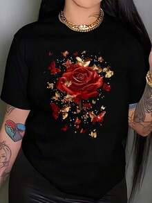 Suave Camiseta de Talla Grande para Mujer con Estampado Rojo, Dorado y Rosa, 200g, Divertida, Gráfica, de Manga Corta, Novedosa, 100% Poliéster, Camiseta Casual de Cuello Redondo, blusa casu - Negro - Ver 1
