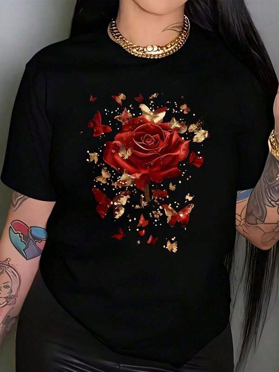 Suave Camiseta de Talla Grande para Mujer con Estampado Rojo, Dorado y Rosa, 200g, Divertida, Gráfica, de Manga Corta, Novedosa, 100% Poliéster, Camiseta Casual de Cuello Redondo, blusa casu - Negro - Ver 1