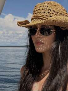 Sombrero Vaquero de Paja Calado Marrón, Sombrero Protector Solar Bohemio para Mujer, Accesorio para Playa, Viajes y Pueblos Mágicos - A - Ver 4