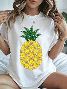 Rhinestone Pineapple T-Shirt, Tropical Fruit Print For Summer Festival, Women's White Casual Wear, Beach Vacation Outfit, Spring And Summer - 白色 - 查看 8