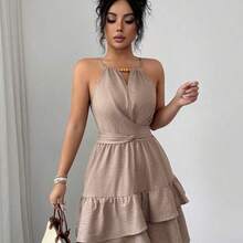 Vestido mini ajustado y acampanado sin mangas con lazo elegante y cuentas para mujer, color caqui, primavera/verano - Negro - Ver 8