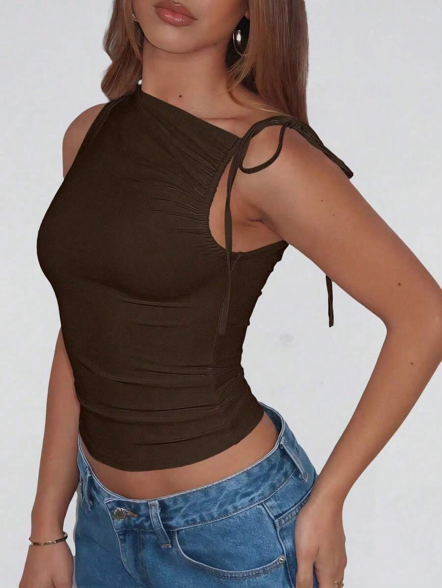 Asymmetric Tie Dye Sleeveless Crop Top, Stretchy & Comfortable For Summer - Coffee Brown - View 1