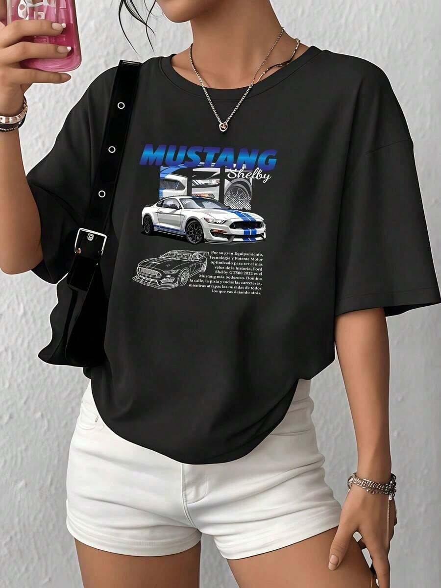 Women's Casual Mustang Shelby Car Theme T-Shirt, 100% Cotton, 1 Piece, Stylish Graphic Print T-Shirt, Round Neck, Short Sleeve, Soft Fabric, Everyday Wear, Relaxed Fit, Casual Blouses For Ladies - 黑色 - 查看 1
