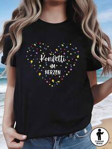 1 pieza de camiseta de moda casual para mujer, con cuello redondo, para primavera y verano, con estampado de confeti romántico alemán en forma de corazón, colorido y de gran tamaño. Adecuada para salidas animadas, actividades al aire libre, desplazamientos diarios, ropa versátil y elegante. 180g 100% algodón. - Negro - Ver 1
