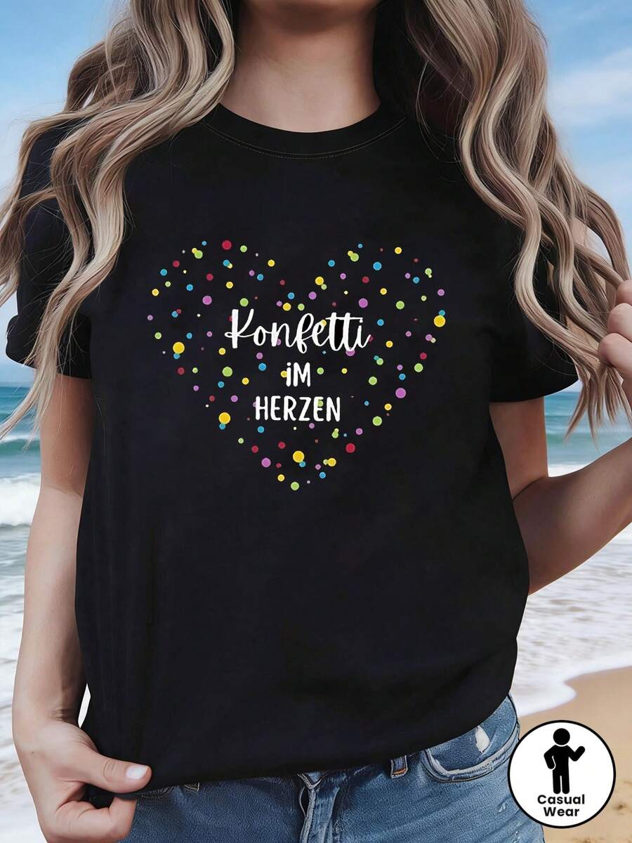 1 pieza de camiseta de moda casual para mujer, con cuello redondo, para primavera y verano, con estampado de confeti romántico alemán en forma de corazón, colorido y de gran tamaño. Adecuada para salidas animadas, actividades al aire libre, desplazamientos diarios, ropa versátil y elegante. 180g 100% algodón. - Negro - Ver 1
