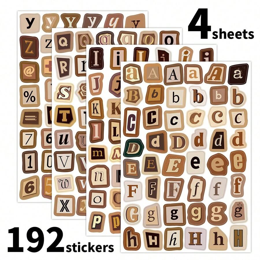 4张/192个复古棕色字母数字贴纸 - 复古字母贴纸，包含符号和标点符号，适用于剪贴簿、日记、计划本、手工制作和DIY项目 - 棕色 - 查看 1