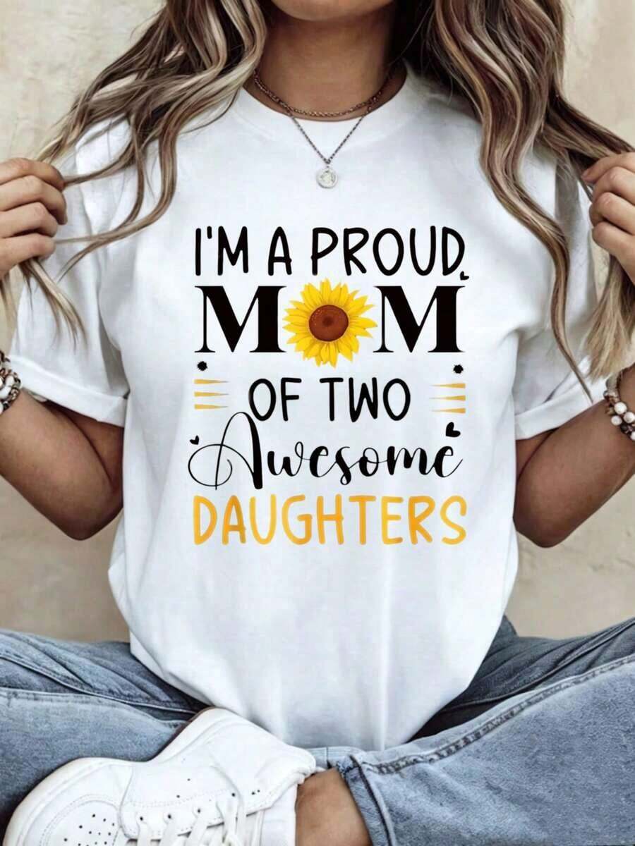 Soy una orgullosa madre de dos hijas increíbles - Camiseta de mujer - Orgullosa madre de dos hijas increíbles - Manga corta - Cuello redondo - Casual - Playeras de mujer - Blanco - Ver 1