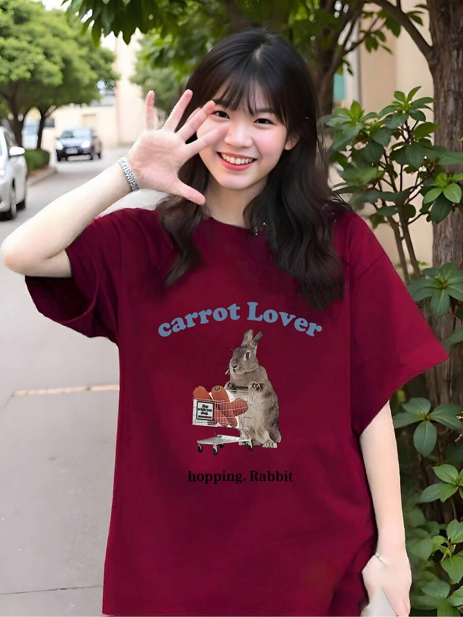 Short-Sleeved T-Shirt With Rabbit Print And Blue Lettering, Y2K Style, New Summer Fashion For Women, Versatile, Loose, Round Neck, Y2K Top. - Burgundy - View 1