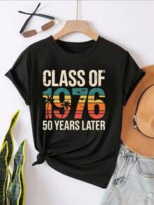 Camiseta Deportiva Casual para Mujer con Diseño Retro CLASE DEL '76 - Camiseta Negra Elástica y de Cuello Redondo, Lavable aáquina, Ajuste Cómodo para Todas las Estaciones, para Uso Diario. - Negro - Ver 6