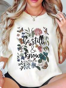 Floral And Butterfly Print T-Shirt With Religious Quote "Be Still And Know Psalm 46:10" For Women, Everyday Casual Wear, Church Wear. Casual Blouse For Women - 白色 - 查看 2