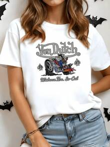 Figura de un lobo rebelde montando una motocicleta con llamas simbolizando velocidad pasión y libertad en un entorno urbano moderno camiseta de mujer casual blanca cómoda ideal para uso diario - Blanco - Ver 8
