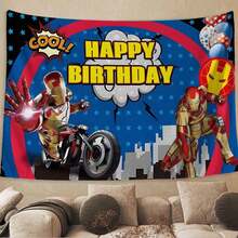 1pc Avengers Birthday Tapestry, I-Ron Man Motorcycle Graphic With Happy Birthday Cool Comic Style Text, Superhero Themed Party Backdrop, Vibrant Wall Hanging For Party Decor, Photo Booth Props, Home Celebration Decoration, Epic Pop Culture Event Supply - 查看 11
