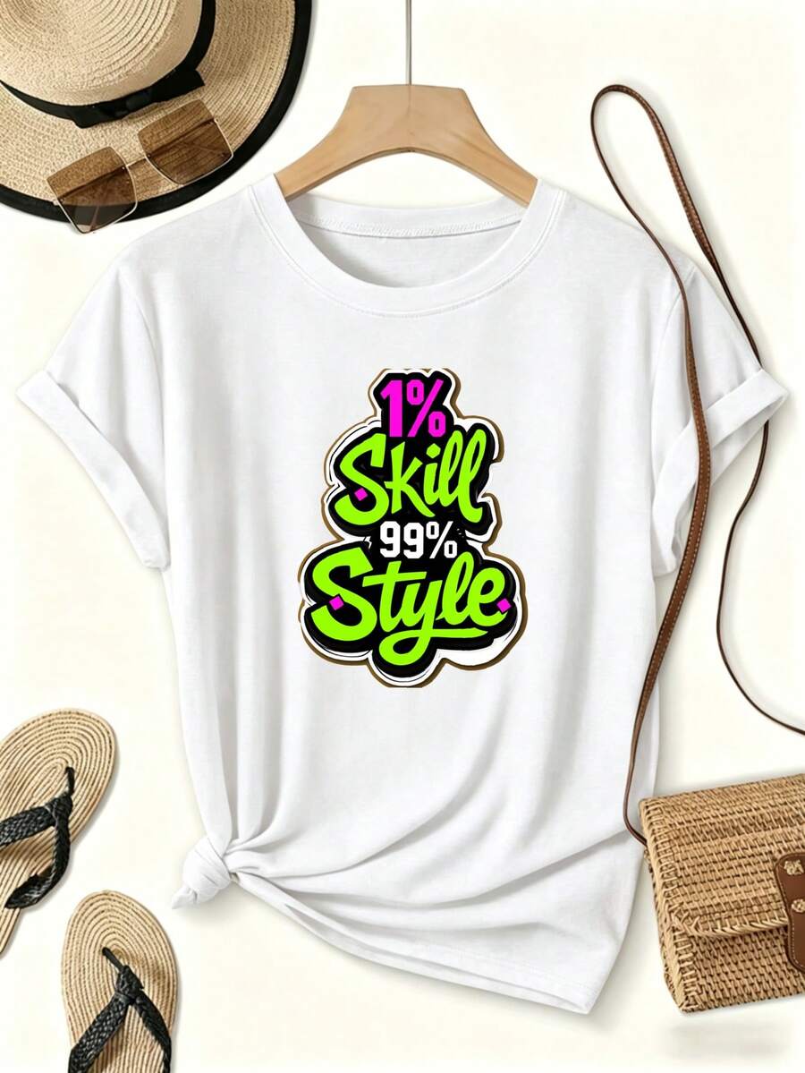 Camiseta Estampada para Mujer con Texto Graffiti Colorido - Camiseta Casual de Manga Corta y Cuello Redondo, con Corte Relajado para Todas las Estaciones, Perfecta para Uso Diario y Atuendos de Vacaciones, Acompañde Accesorios de Percha de Madera (Lavable aáquina). - Blanco - Ver 1