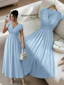 Vestido de mujer de longitud media, sin mangas, con cuello en V, de tela texturizada, cintura ceñida, elegante ropa de resort, primavera/verano - Celeste - Ver 7