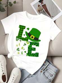 Women's Bohemian Crew Neck T-Shirt With St. Patrick's Day Print, Short Sleeve, Casual Festival Wear, Cotton T-Shirt - 黑色 - 查看 8