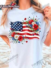 PNG Image Of The American Flag With Floral Motifs, Patriotic PNG Image With Floral Motifs, PNG Image Of The American Flag, Red-White-Blue PNG Image, Independence Day PNG Image, Heat Transfer Pattern For Heroes' Day, 100% American Cotton, Gift For Halloween, Thanksgiving, Christmas (Unisex, Suitable For Family And Friends). - 白色 - 查看 1