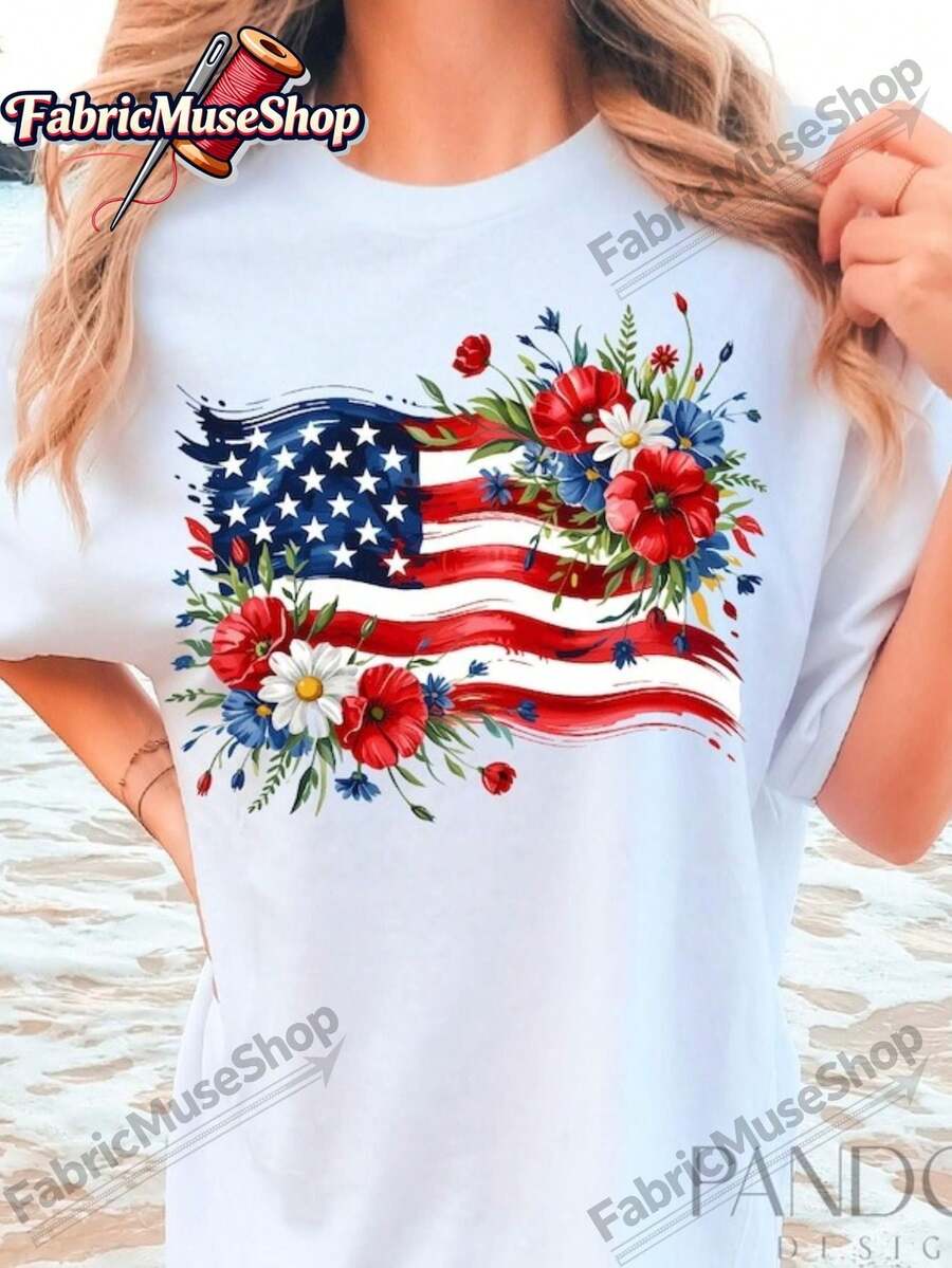 PNG Image Of The American Flag With Floral Motifs, Patriotic PNG Image With Floral Motifs, PNG Image Of The American Flag, Red-White-Blue PNG Image, Independence Day PNG Image, Heat Transfer Pattern For Heroes' Day, 100% American Cotton, Gift For Halloween, Thanksgiving, Christmas (Unisex, Suitable For Family And Friends). - 白色 - 查看 1
