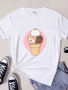 Kawaii Oversized Short Sleeve T-Shirt With Breast And Ice Cream Print, Cute Graphic Tee For Women With Body Positive Message, "All Breasts Matter" Gift, 100% Cotton Clothing - 白色 - 查看 1