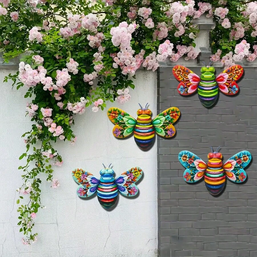 波希米亞民俗風 2D 壓克力花園牆飾,可愛蜜蜂鏤空造型,鮮豔花卉與條紋身體印花,戶外圍欄掛飾,適合花園愛好者與露台裝飾愛好者的庭院禮物 - A - 查看 1