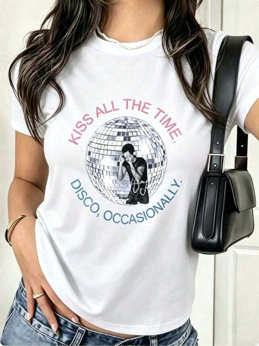 Women's Casual T-Shirt 100% Cotton | Women's Short Sleeve Crew Neck T-Shirt With Casual Print, Harry Style, Kiss All The Time Disco Occasionally, Disco Ball, Love On Tour Essential (2) Men's Loose Fit Short Sleeve T-Shirt | Exquisite Design | Summer Must-Have | Versatile And Easy To Match | Show Off Your Style With This Short Sleeve Crew Neck T-Shirt. | Machine Washable | Suitable For All Seasons, Comfortable And Fitted. | Bright Digital Print T-Shirt, Casual And Versatile - Vintage Street Style Unisex Cotton Short Sleeve Crew Neck T-Shirt - 白色的 - 查看 1
