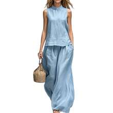 Women's Two-Piece Set, European And American Style 2026, With High Neck, Sleeveless, Cotton And Linen, Solid Color. - Khaki - View 6