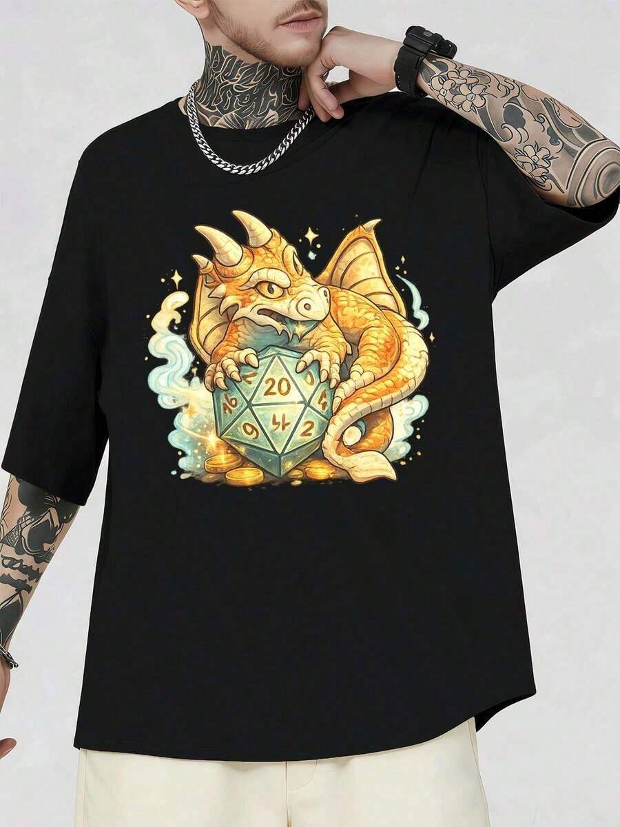 Unisex T-Shirt Golden Dragon D20 Würfel-T-Shirt aus hochwertigem Stoff, Street Hip-Hop-Stil, bequem, strapazierfähig, Grafikdesign  mujer  mujer   damen sommer t shirt - Schwarz - Übersicht 1