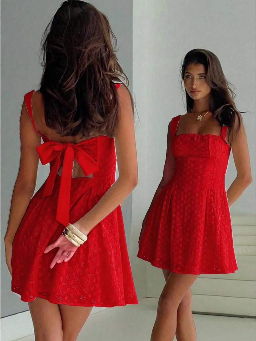 Women's Flower Embroidery Boho Mini Dress Backless Self-Tie Bowknot Square Neck Wide Straps Ruffle Mini Dresses Sleeveless Summer Vacation Short A-Line Dress - 紅色 - 查看 1