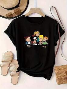 Limited Time Offer, Limited Quantities, Flash ! Women's Casual Shirts, Women's Polyester T-Shirts, Elegant Shirts. Women's T-Shirt With Cartoon Character And Letter Print, Crew Neck. - 黑色 - 查看 9