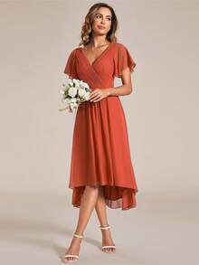 EVERPRETTY Gaun Bridesmaid Chiffon Panjang Sedang Warna Oranye Terbakar dengan Lengan Ruffle Model A-Line dan Leher V Ganda, Cocok untuk Pesta Pernikahan dan Acara Semi-Formal - Burnt Orange - View 7