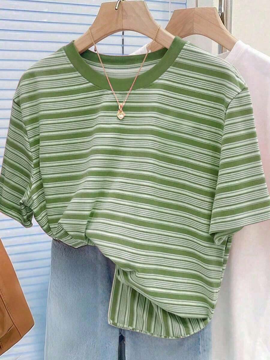 Camiseta de mujer de manga corta a rayas de colores vintage, top casual de cuello redondo para el verano - Multicolor 5 - Ver 1
