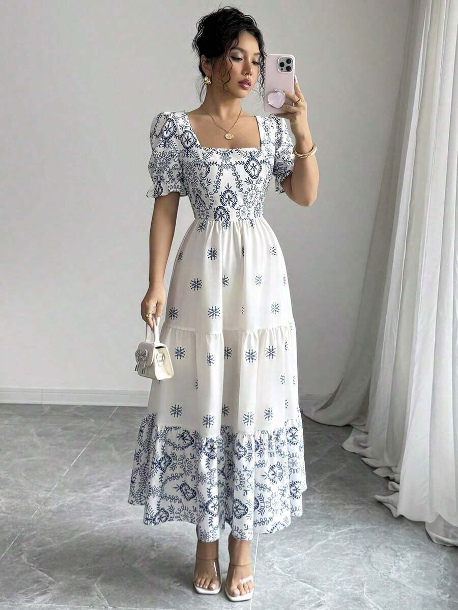 xheElenzga Vestido casual/de trabajo de manga corta con cuello cuadrado y cintura ceñida en línea A con estampado para mujerxhe - Azul y blanco - Ver 1