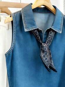 Blusa sin mangas con estampado de denim, blusa casual minimalista para mujer - Multicolor 2 - Ver 3