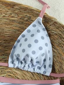 夏季新款藍色波點與粉色對比掛脖比基尼條紋拼接少女風海灘派對度假泳衣 - 彩色 - 查看 4