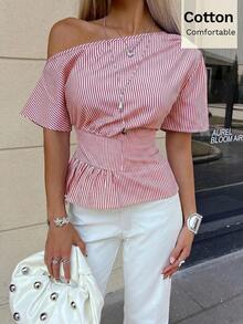 Camisa de mujer de algodón con rayas a la cintura, nueva llegada de primavera/verano - Rojo y blanco - Ver 5