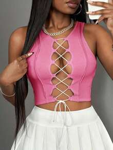 Top corto sin mangas con contraste de color acanalado, estilo casual básico, deportivo, sexy y de calle Y2K para mujeres - Rosa Fucsia 2 - Ver 1