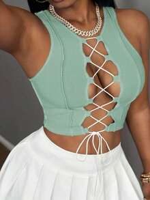 Top corto sin mangas con contraste de color acanalado, estilo casual básico, deportivo, sexy y de calle Y2K para mujeres - verde menta 2 - Ver 5
